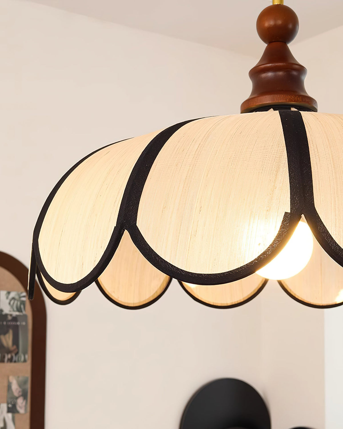 Petalux | Scalloped Pendant Light with Abaca Shade | Walnut Wood Fixture for Dining Room