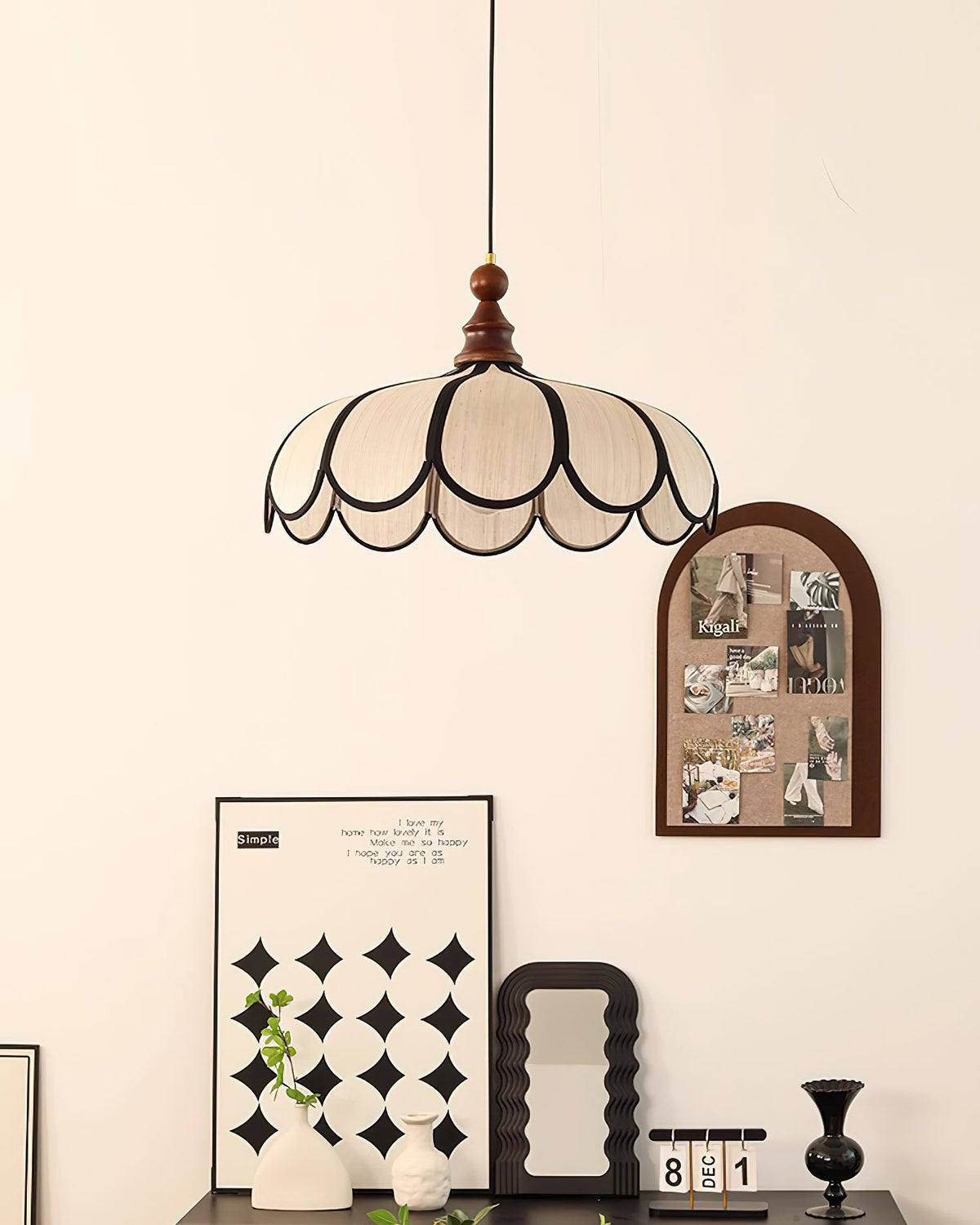 Petalux | Scalloped Pendant Light with Abaca Shade | Walnut Wood Fixture for Dining Room