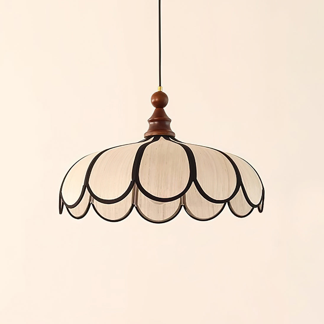 Petalux | Scalloped Pendant Light with Abaca Shade | Walnut Wood Fixture for Dining Room
