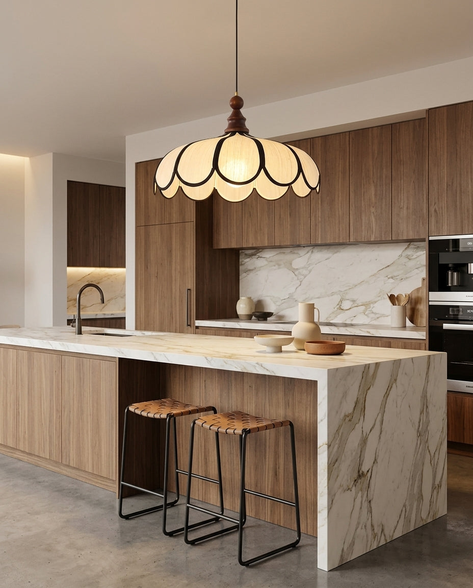 Petalux | Scalloped Pendant Light with Abaca Shade | Walnut Wood Fixture for Dining Room