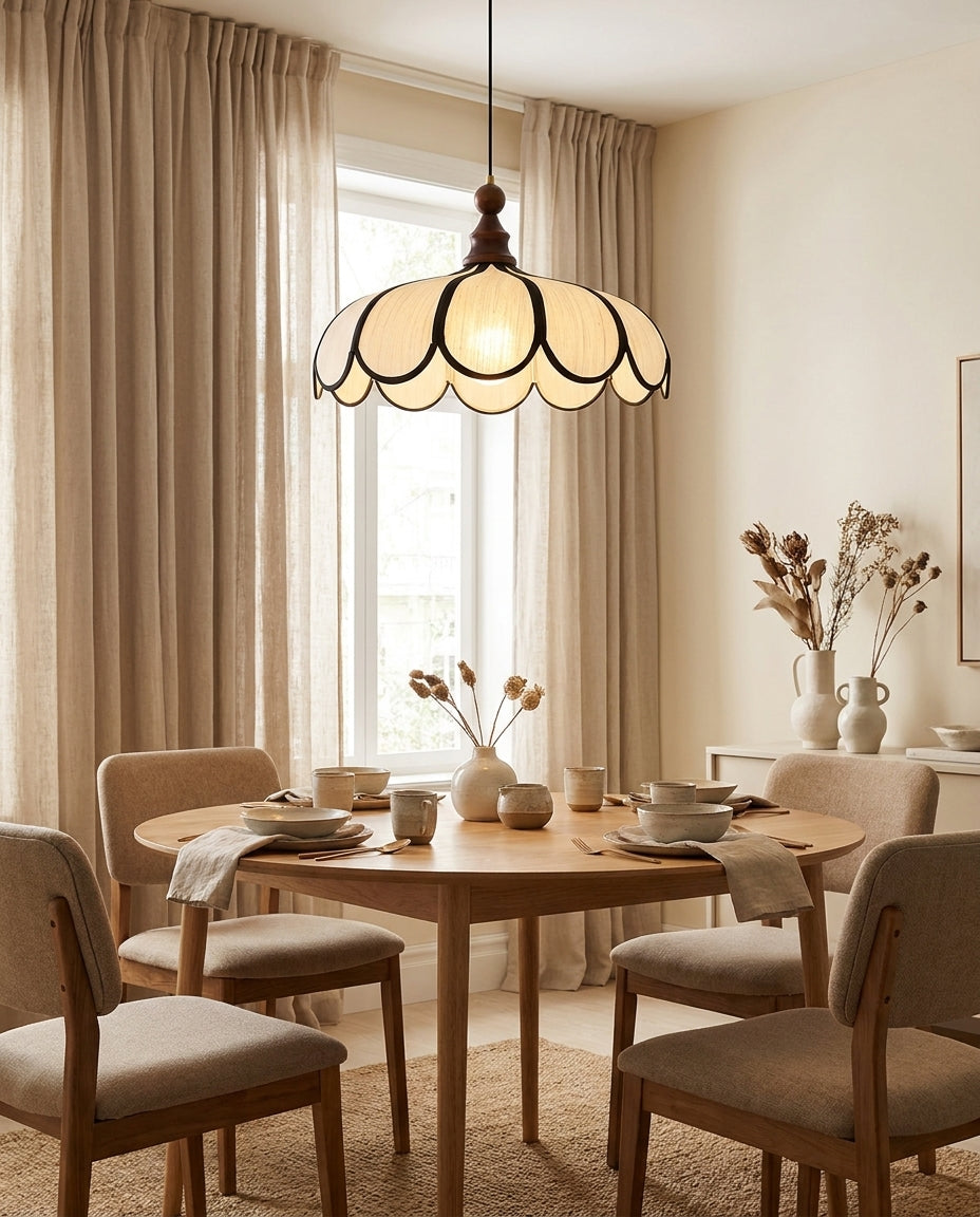 Petalux | Scalloped Pendant Light with Abaca Shade | Walnut Wood Fixture for Dining Room