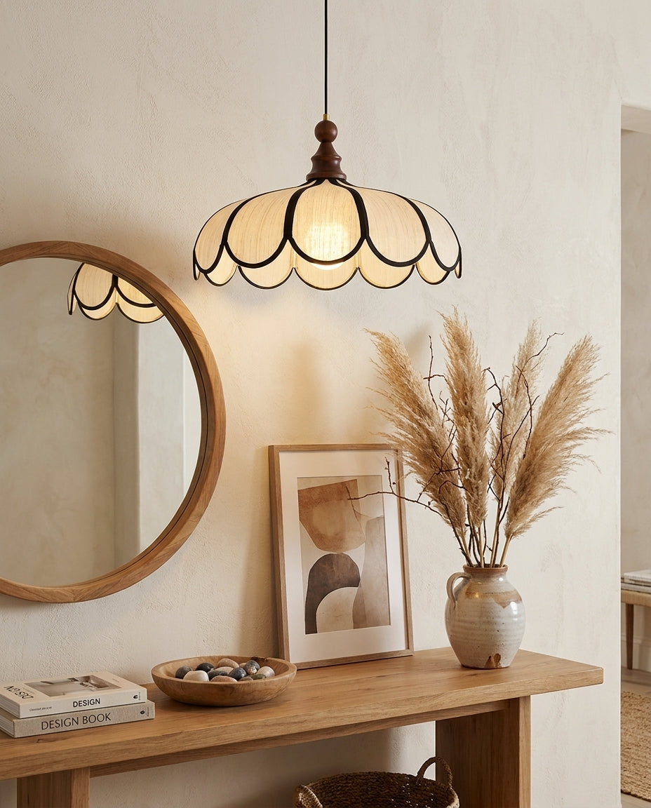 Petalux | Scalloped Pendant Light with Abaca Shade | Walnut Wood Fixture for Dining Room