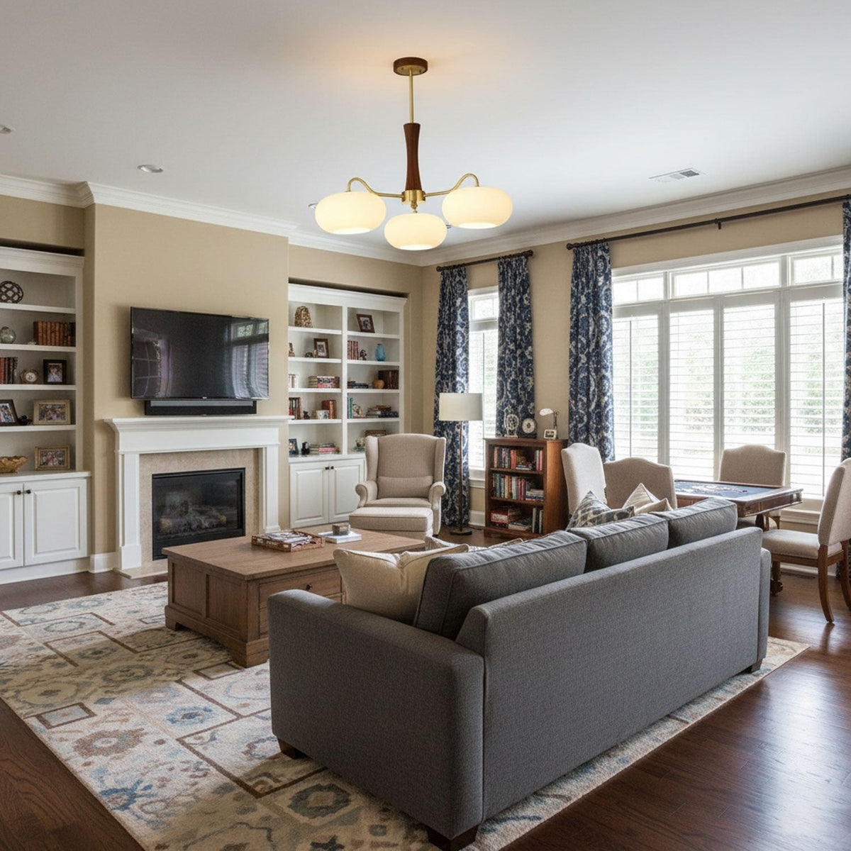 Persimmon Glass Chandelier with Brass Arms | Wood Accent Ceiling Pendant Light
