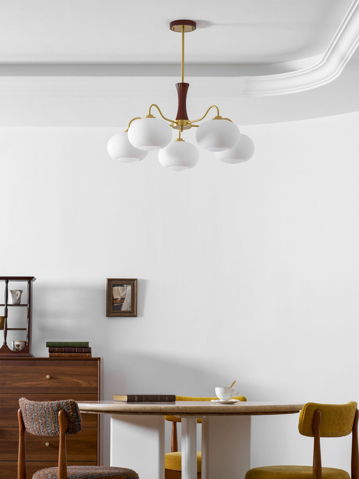 Persimmon Glass Chandelier with Brass Arms | Wood Accent Ceiling Pendant Light