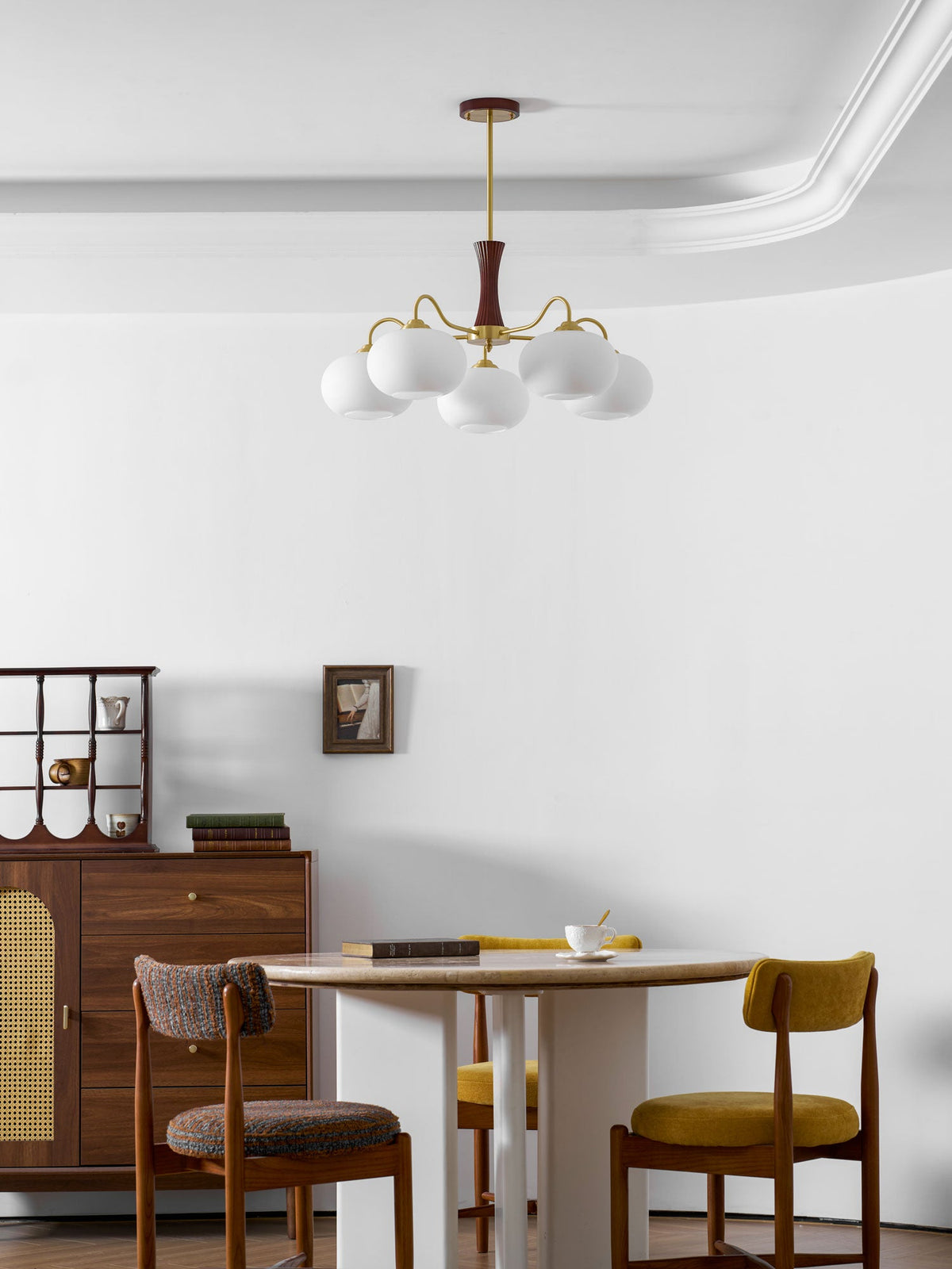 Persimmon Glass Chandelier with Brass Arms | Wood Accent Ceiling Pendant Light