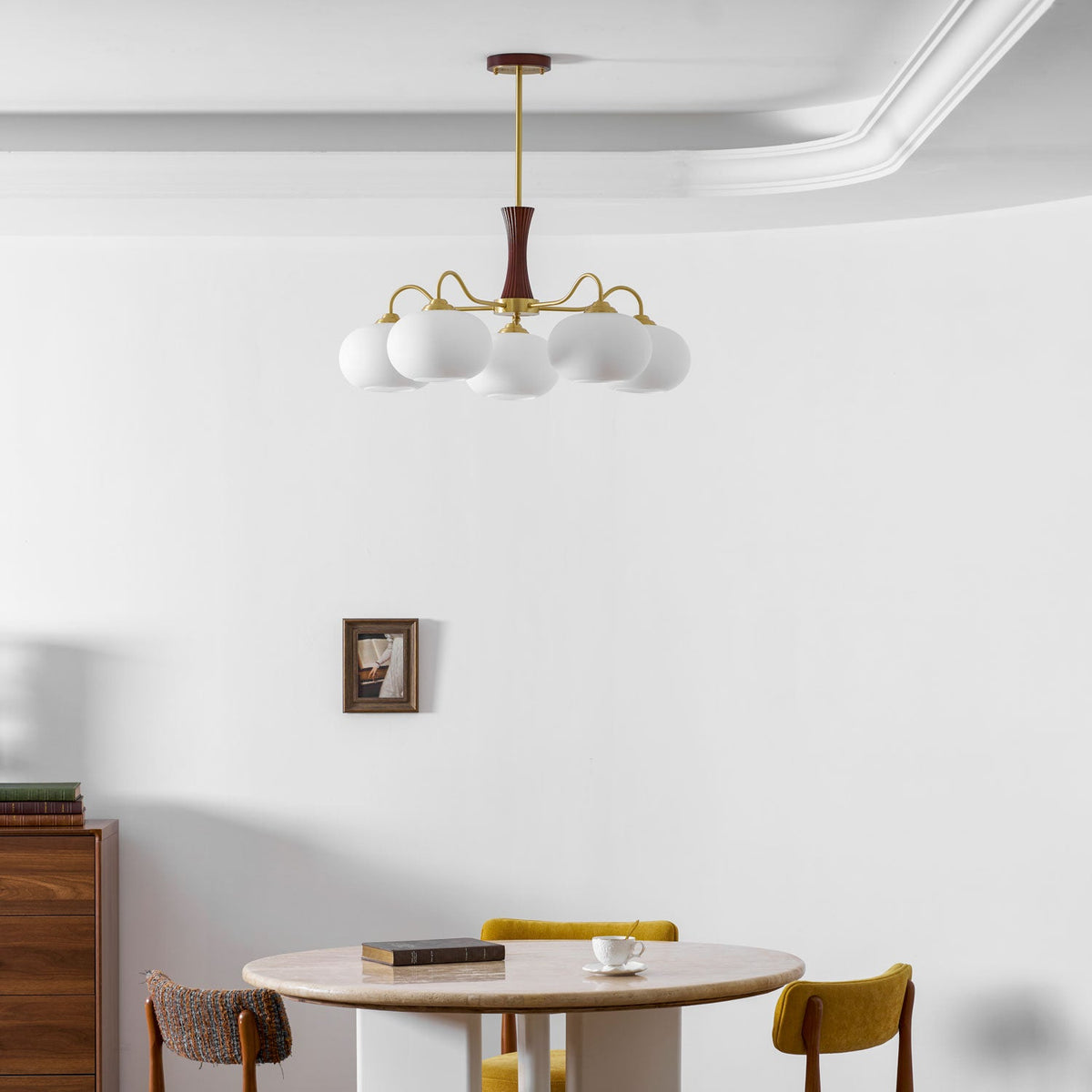 Persimmon Glass Chandelier with Brass Arms | Wood Accent Ceiling Pendant Light