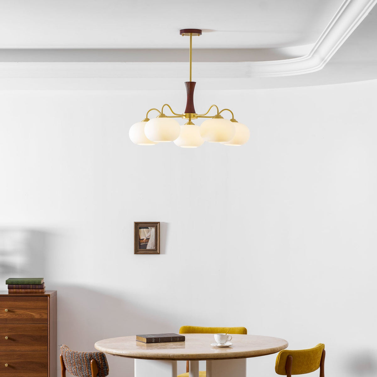 Persimmon Glass Chandelier with Brass Arms | Wood Accent Ceiling Pendant Light