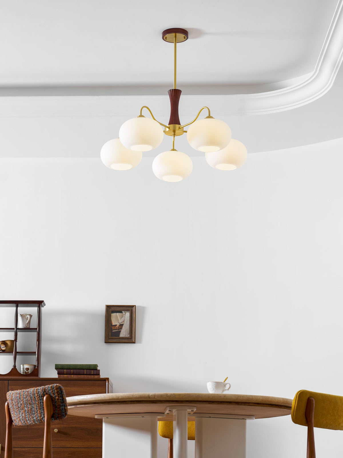 Persimmon Glass Chandelier with Brass Arms | Wood Accent Ceiling Pendant Light