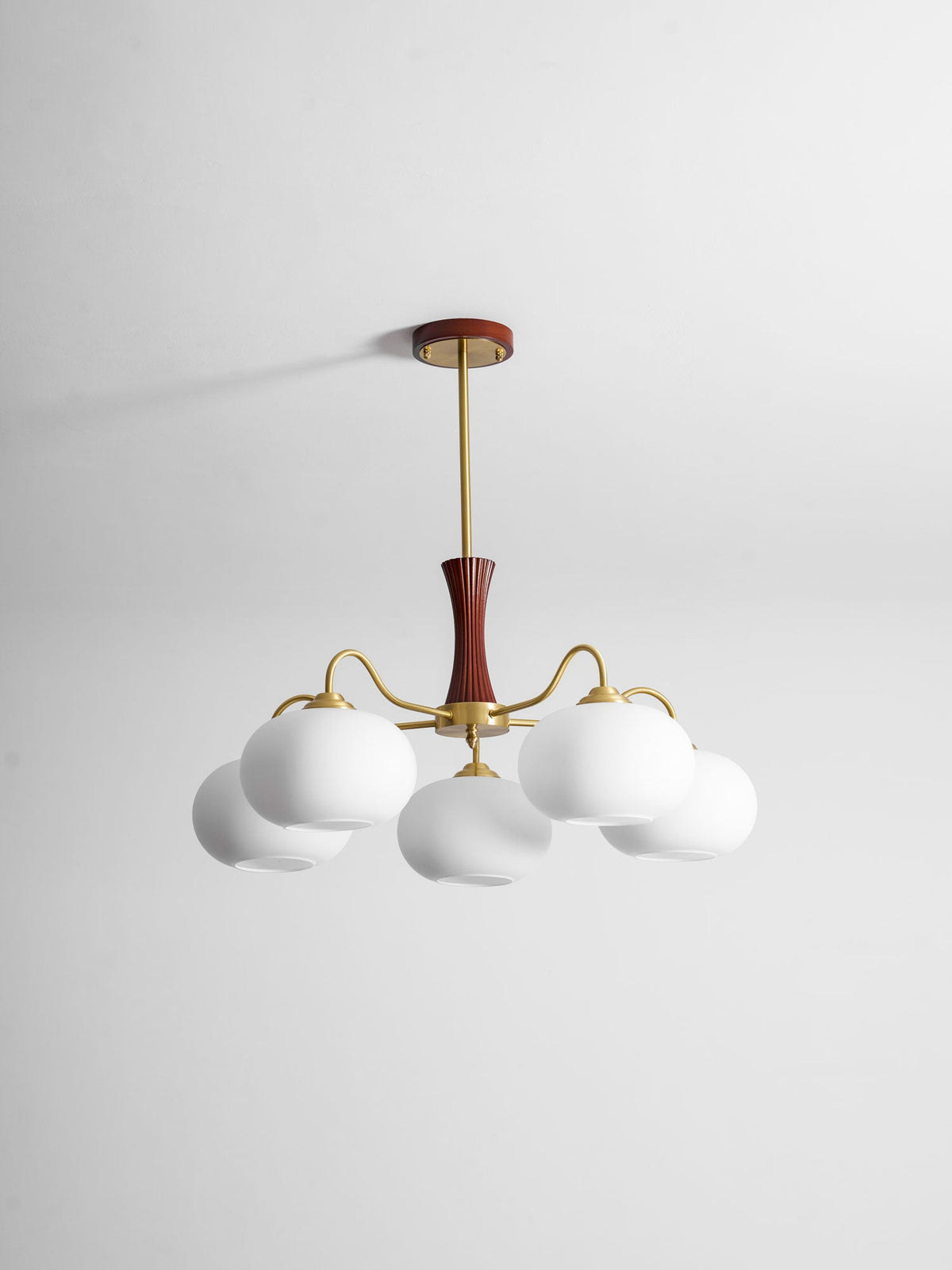 Persimmon Glass Chandelier with Brass Arms | Wood Accent Ceiling Pendant Light