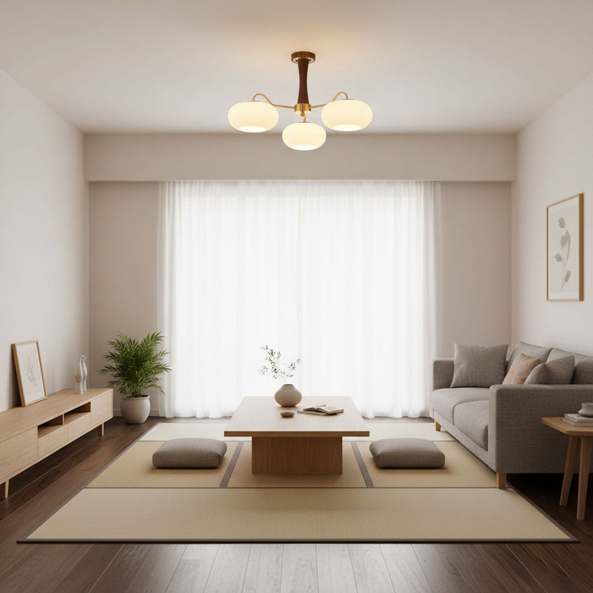 Persimmon Glass Chandelier with Brass Arms | Wood Accent Ceiling Pendant Light