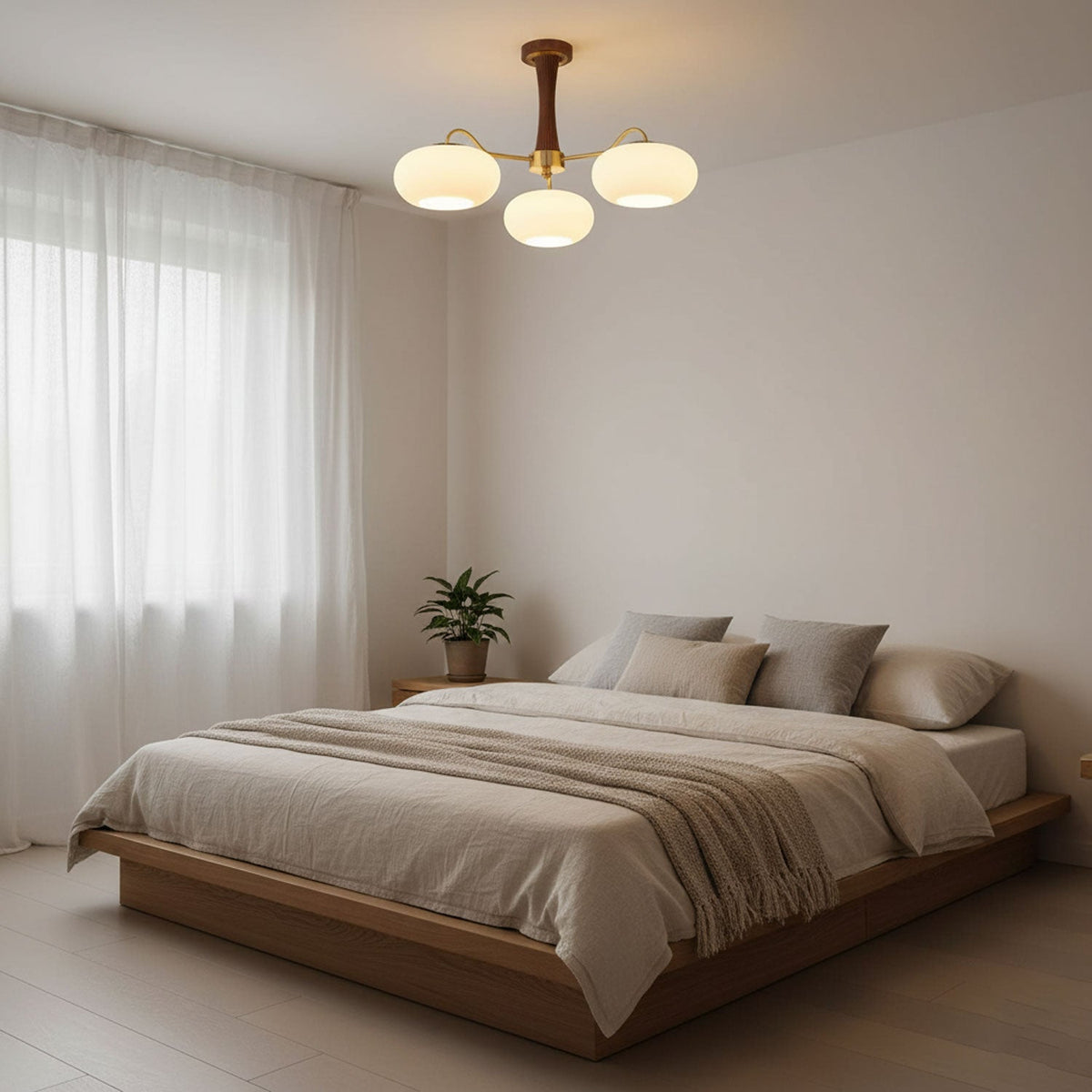 Persimmon Glass Chandelier with Brass Arms | Wood Accent Ceiling Pendant Light