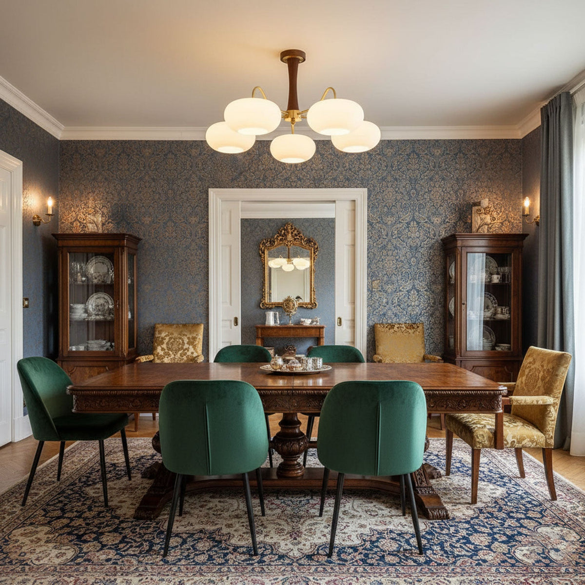 Persimmon Glass Chandelier with Brass Arms | Wood Accent Ceiling Pendant Light