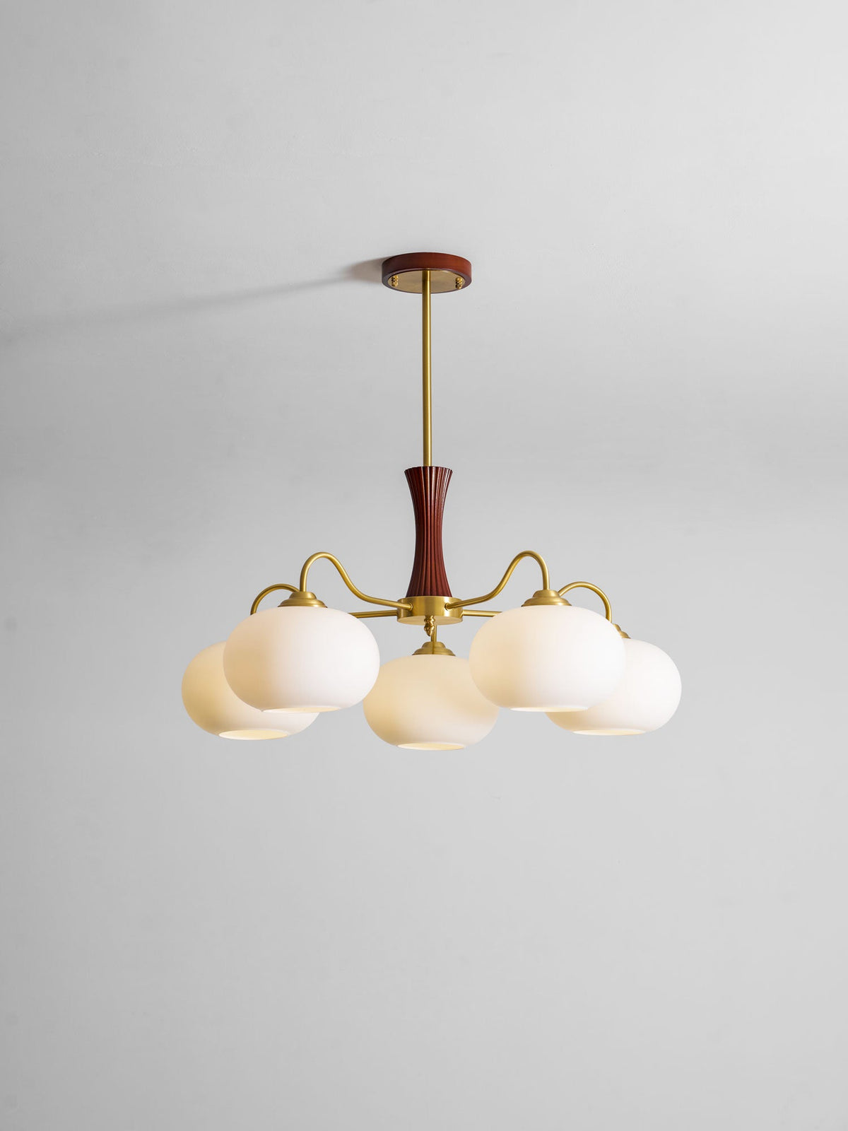 Persimmon Glass Chandelier with Brass Arms | Wood Accent Ceiling Pendant Light