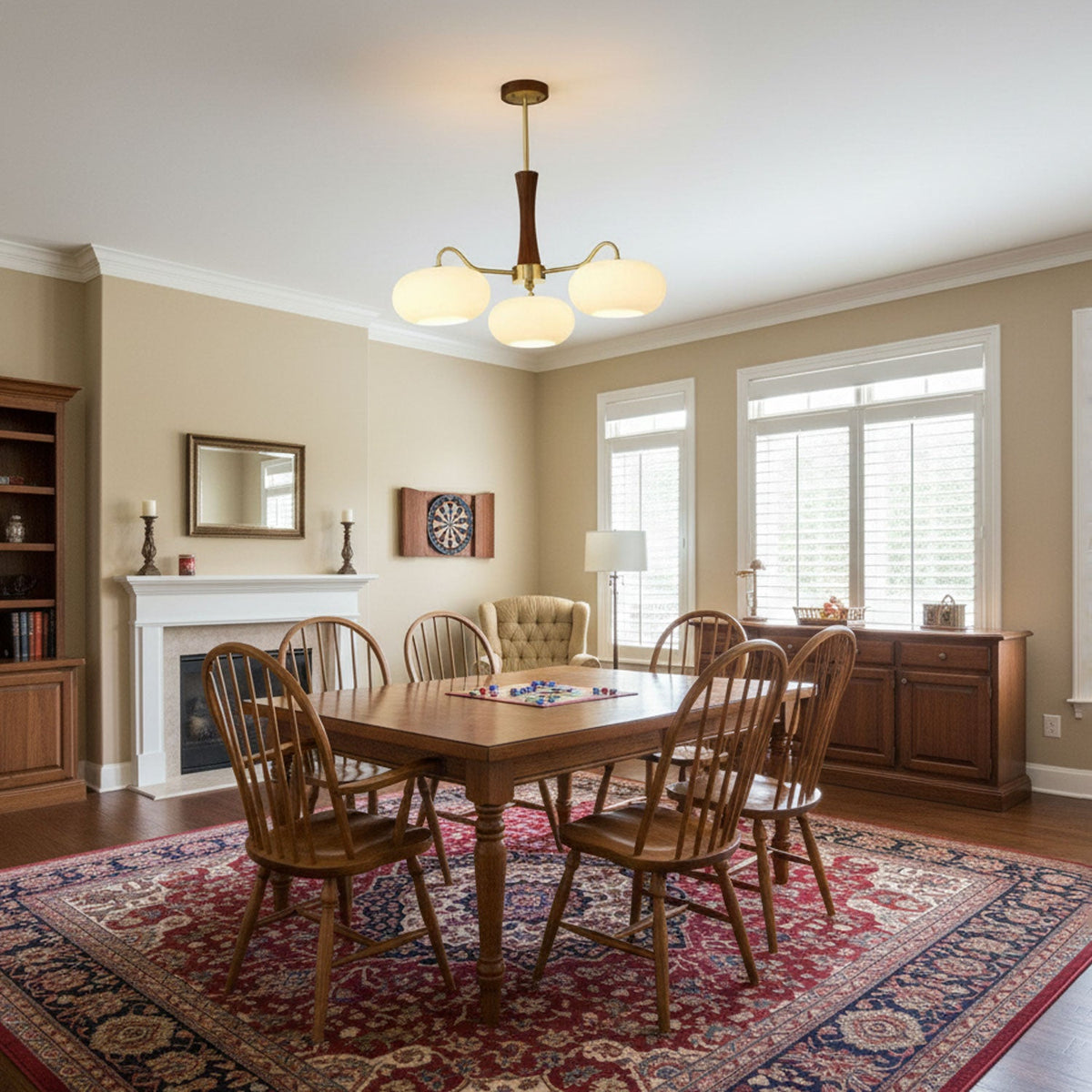 Persimmon Glass Chandelier with Brass Arms | Wood Accent Ceiling Pendant Light