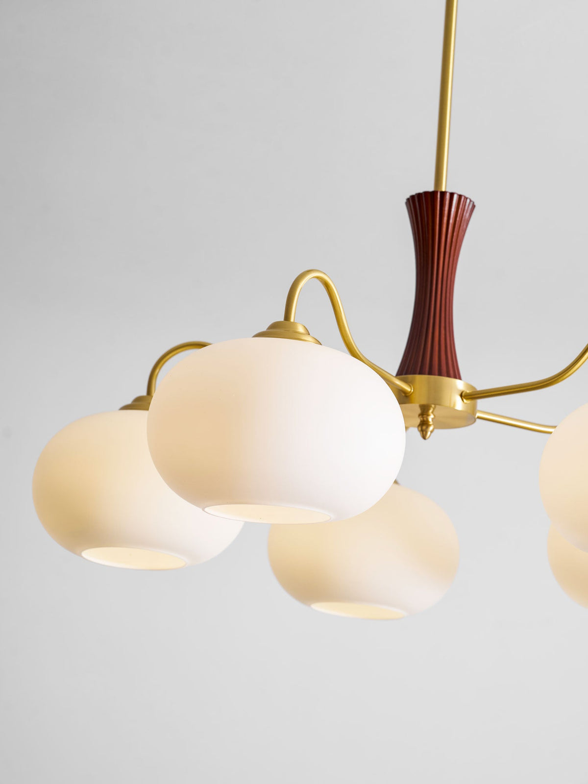 Persimmon Glass Chandelier with Brass Arms | Wood Accent Ceiling Pendant Light