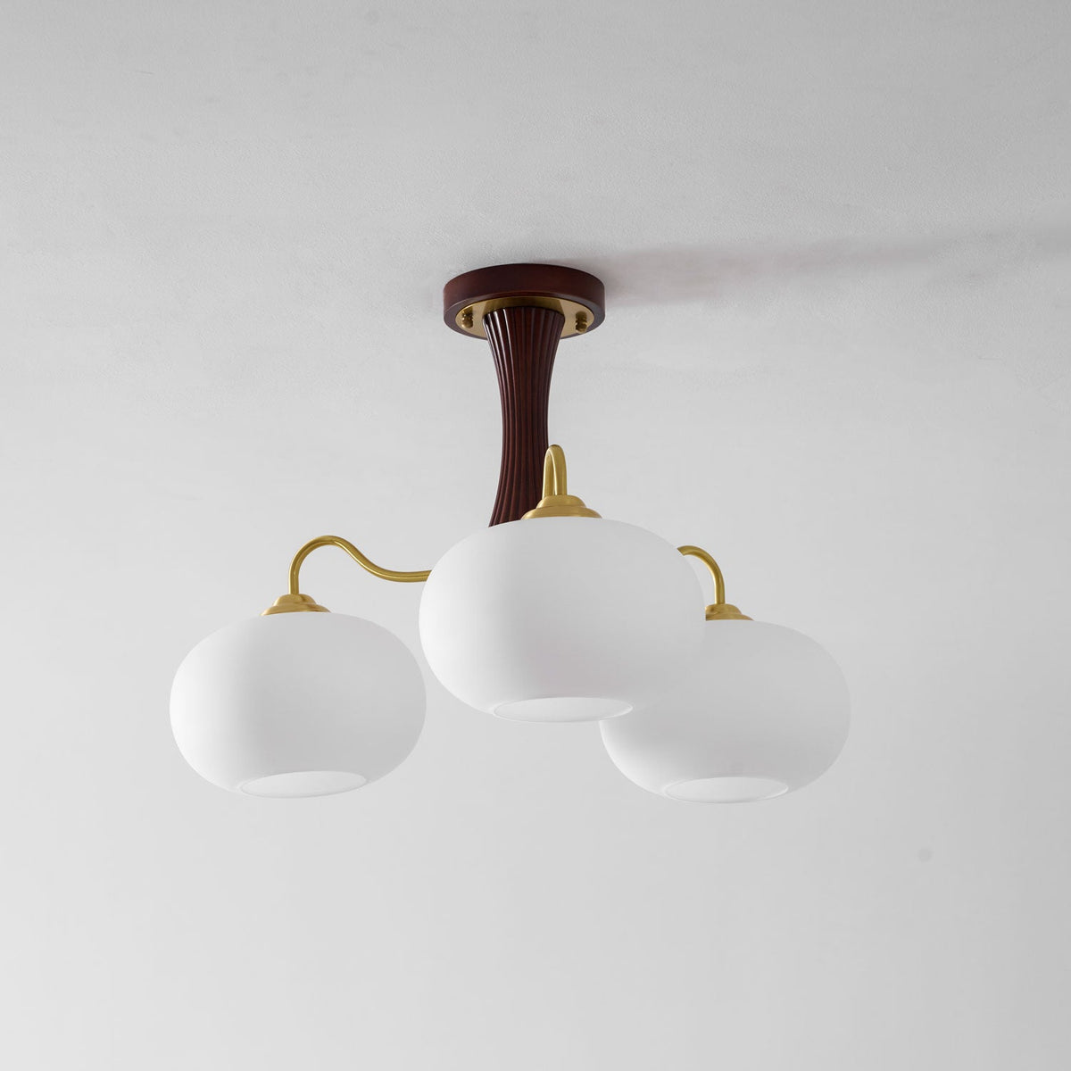 Persimmon Glass Chandelier with Brass Arms | Wood Accent Ceiling Pendant Light