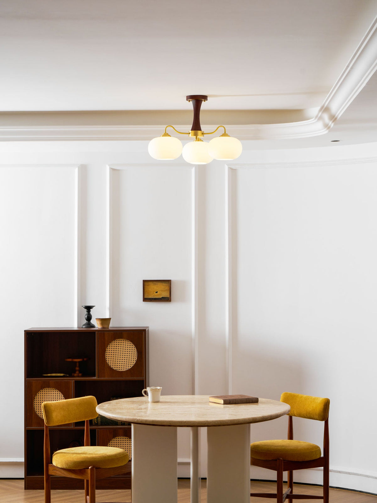 Persimmon Glass Chandelier with Brass Arms | Wood Accent Ceiling Pendant Light