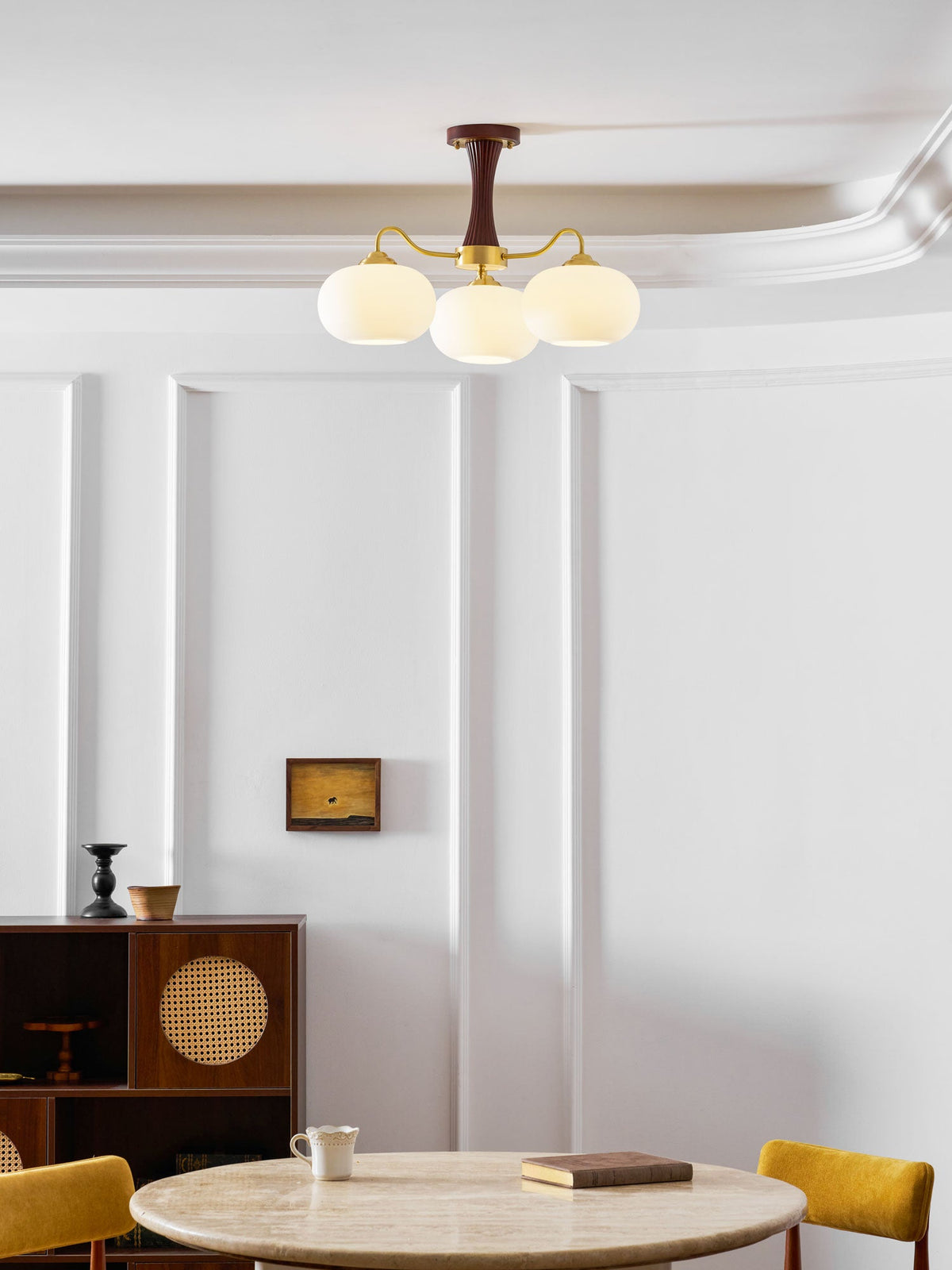 Persimmon Glass Chandelier with Brass Arms | Wood Accent Ceiling Pendant Light