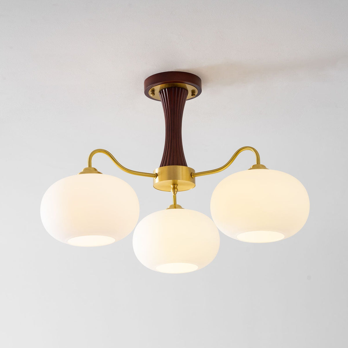 Persimmon Glass Chandelier with Brass Arms | Wood Accent Ceiling Pendant Light