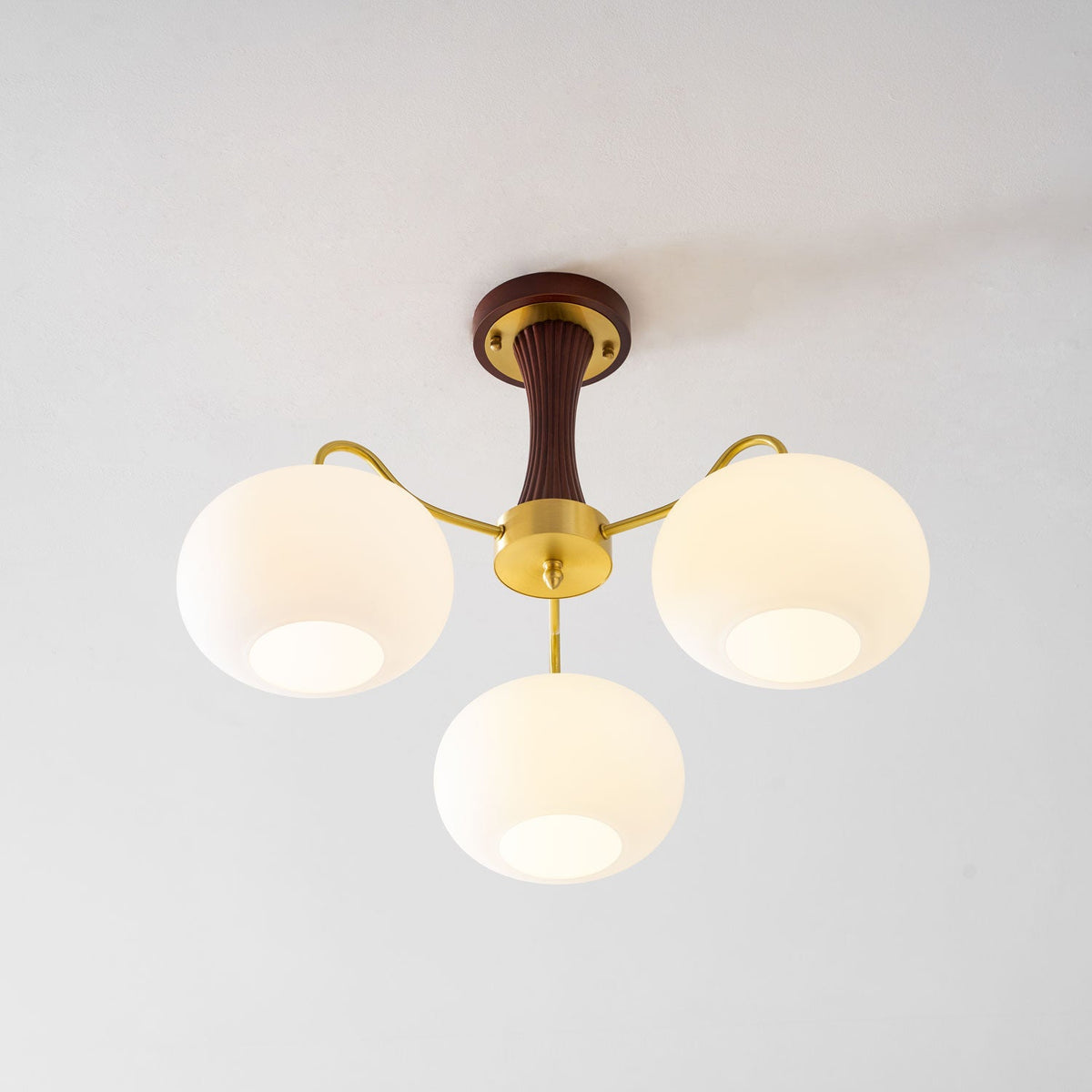 Persimmon Glass Chandelier with Brass Arms | Wood Accent Ceiling Pendant Light
