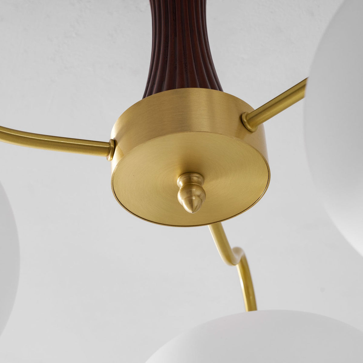 Persimmon Glass Chandelier with Brass Arms | Wood Accent Ceiling Pendant Light