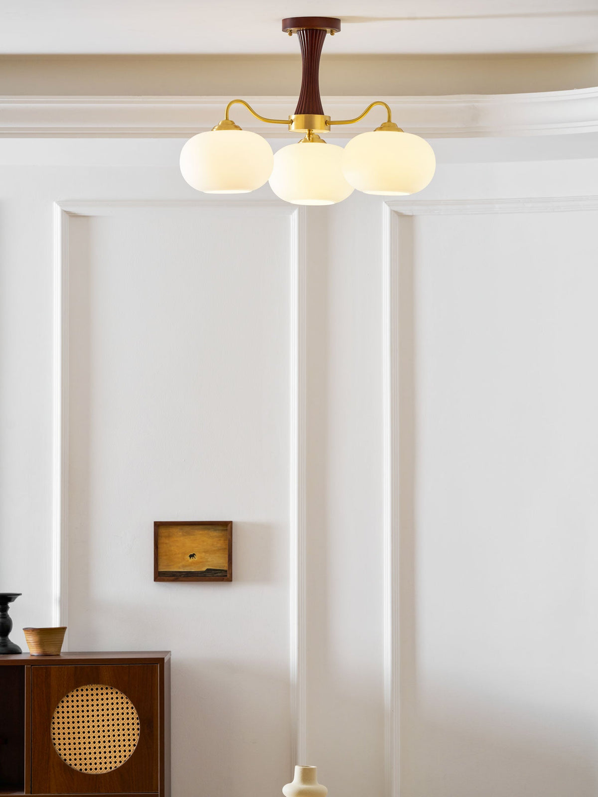 Persimmon Glass Chandelier with Brass Arms | Wood Accent Ceiling Pendant Light