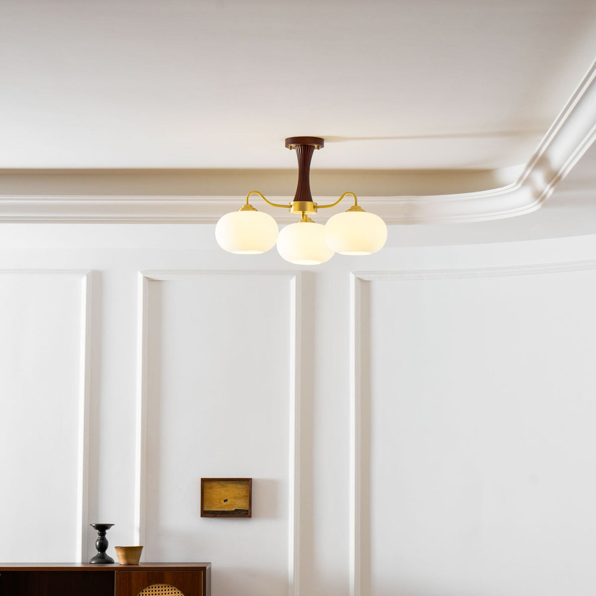 Persimmon Glass Chandelier with Brass Arms | Wood Accent Ceiling Pendant Light