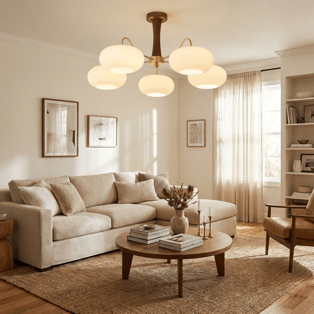 Persimmon Glass Chandelier with Brass Arms | Wood Accent Ceiling Pendant Light