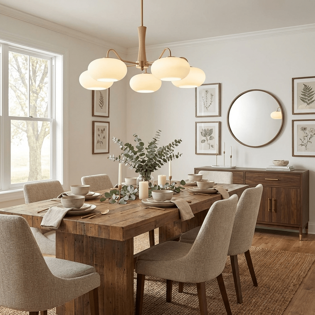 Persimmon Glass Chandelier with Brass Arms | Wood Accent Ceiling Pendant Light