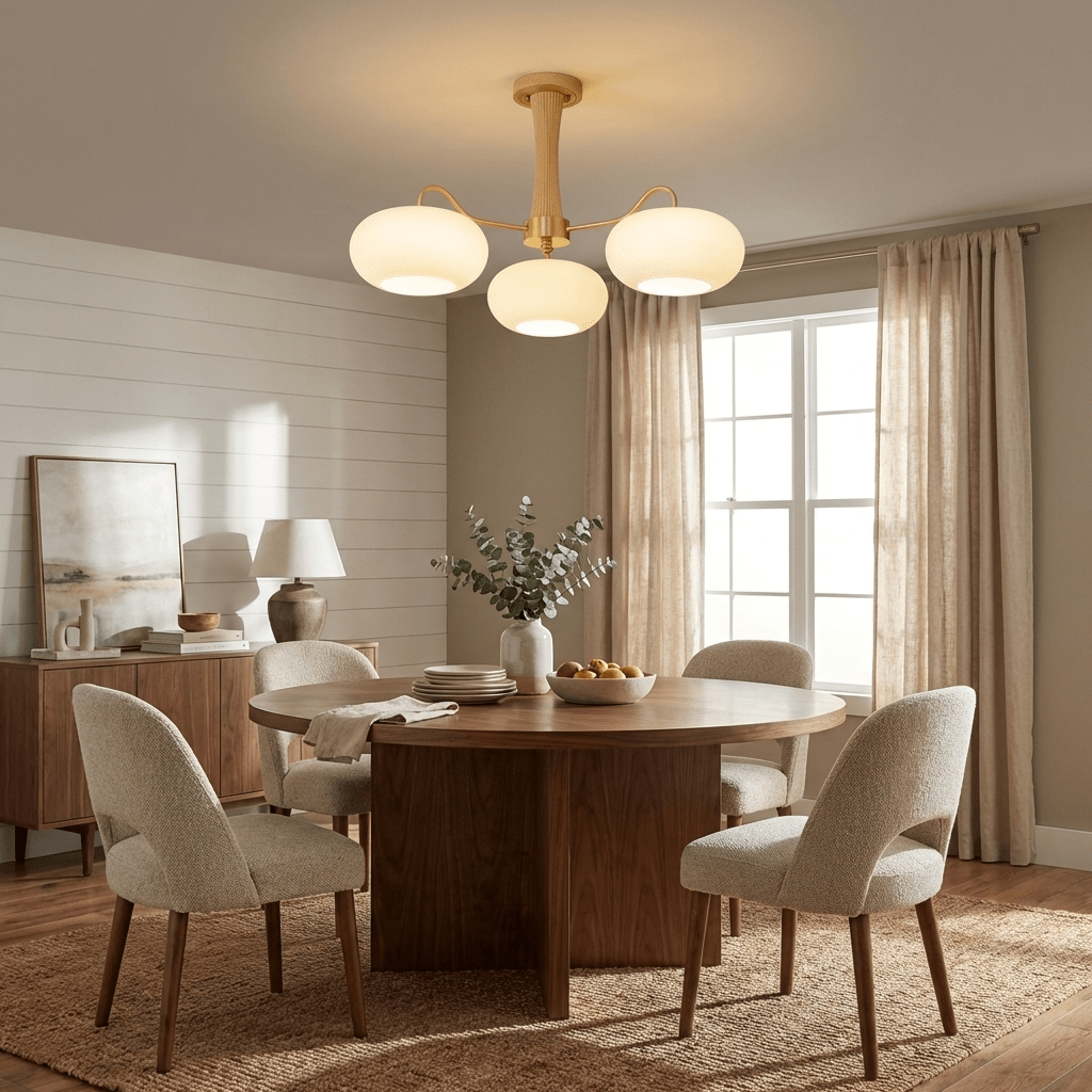 Persimmon Glass Chandelier with Brass Arms | Wood Accent Ceiling Pendant Light