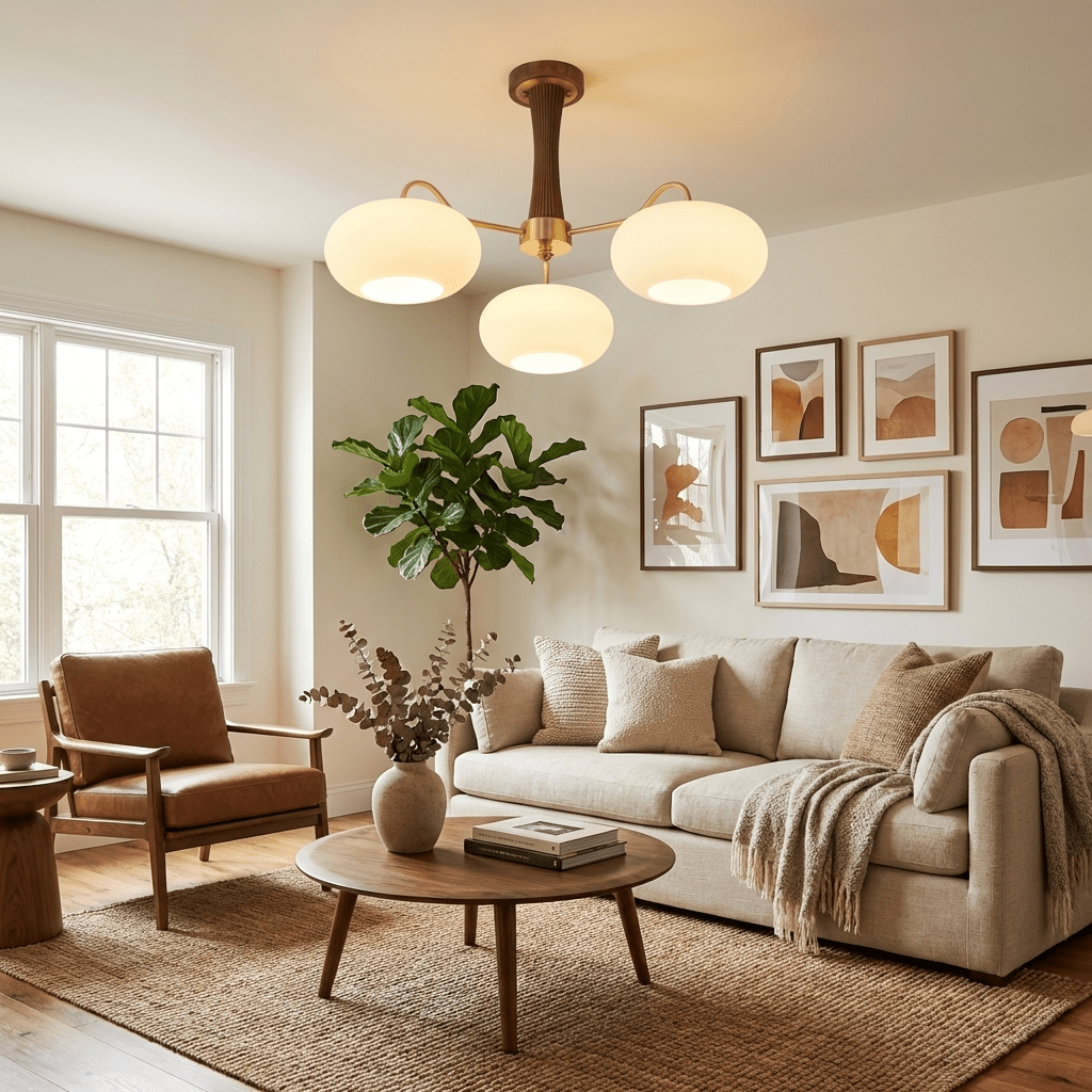 Persimmon Glass Chandelier with Brass Arms | Wood Accent Ceiling Pendant Light