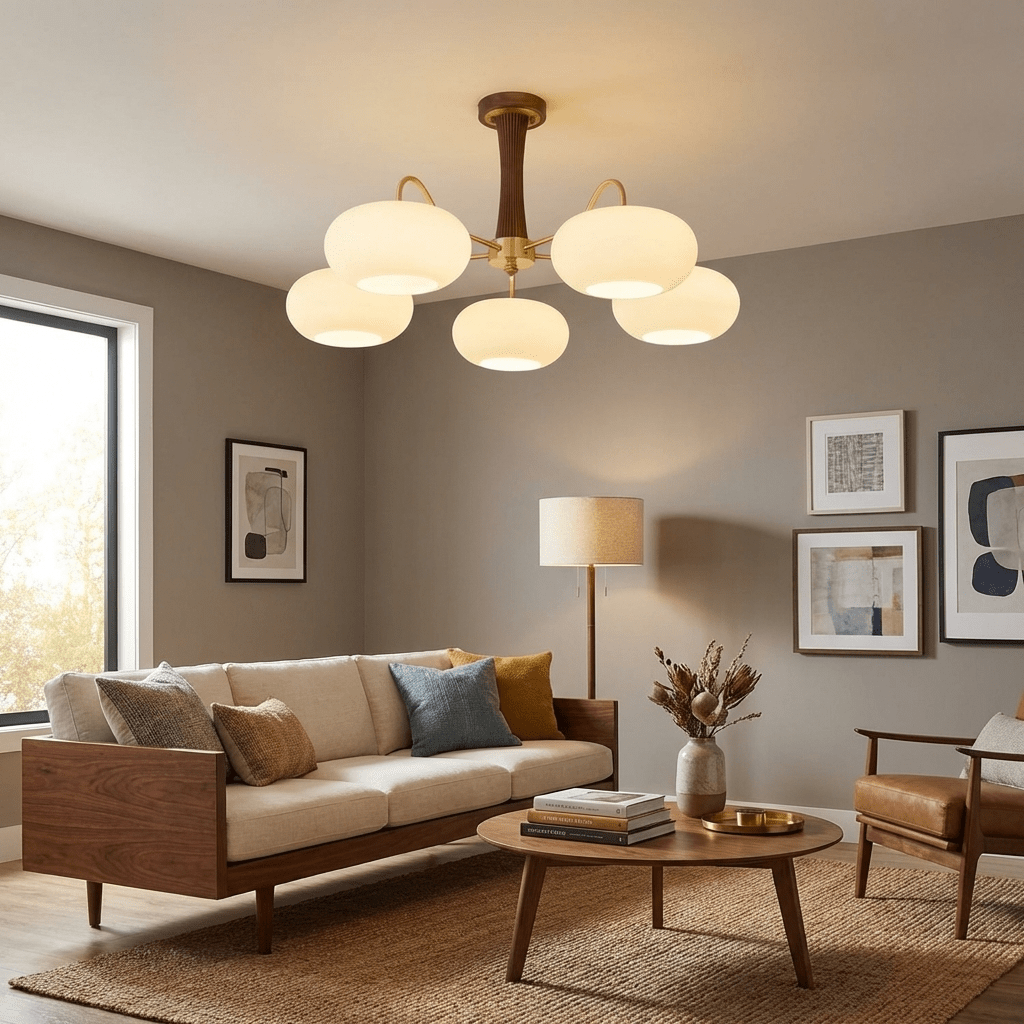 Persimmon Glass Chandelier with Brass Arms | Wood Accent Ceiling Pendant Light