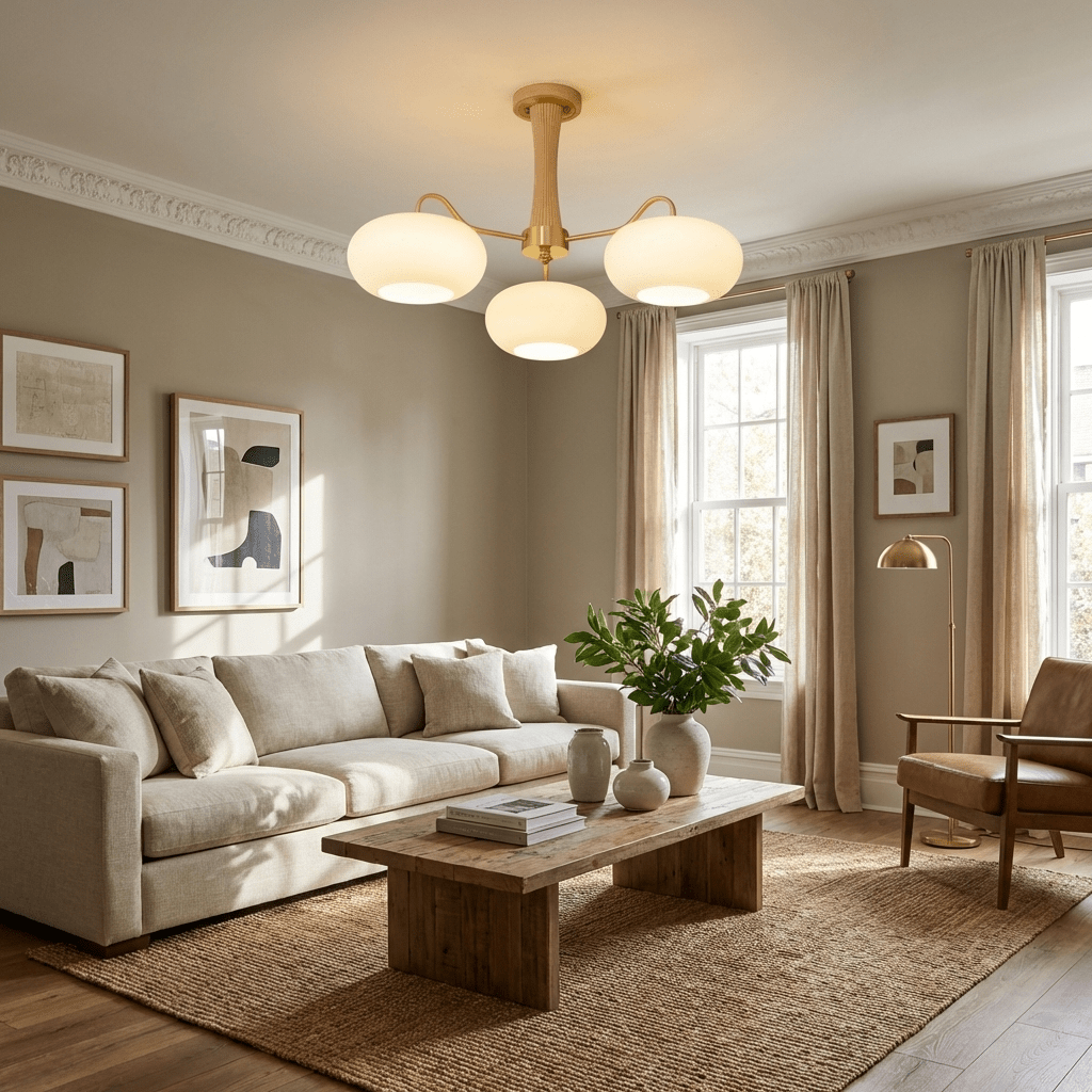 Persimmon Glass Chandelier with Brass Arms | Wood Accent Ceiling Pendant Light