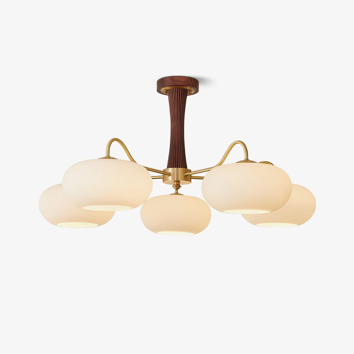 Persimmon Glass Chandelier with Brass Arms | Wood Accent Ceiling Pendant Light