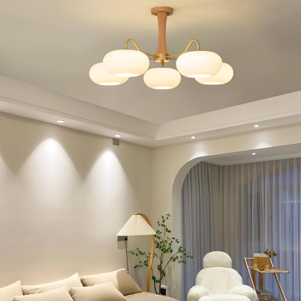 Persimmon Glass Chandelier with Brass Arms | Wood Accent Ceiling Pendant Light