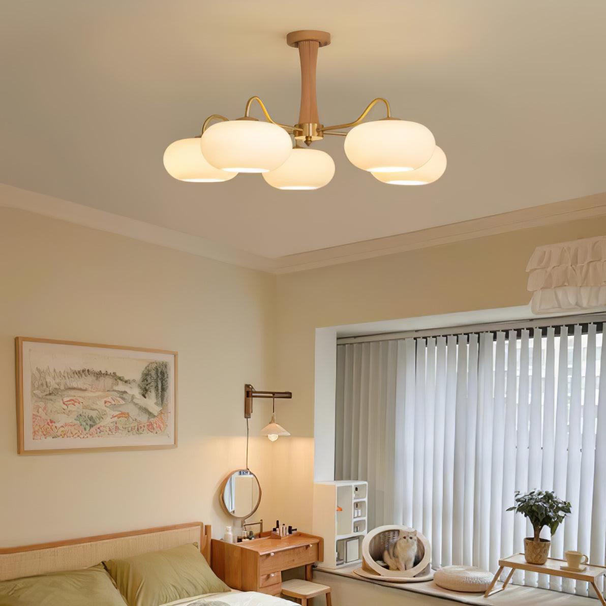 Persimmon Glass Chandelier with Brass Arms | Wood Accent Ceiling Pendant Light