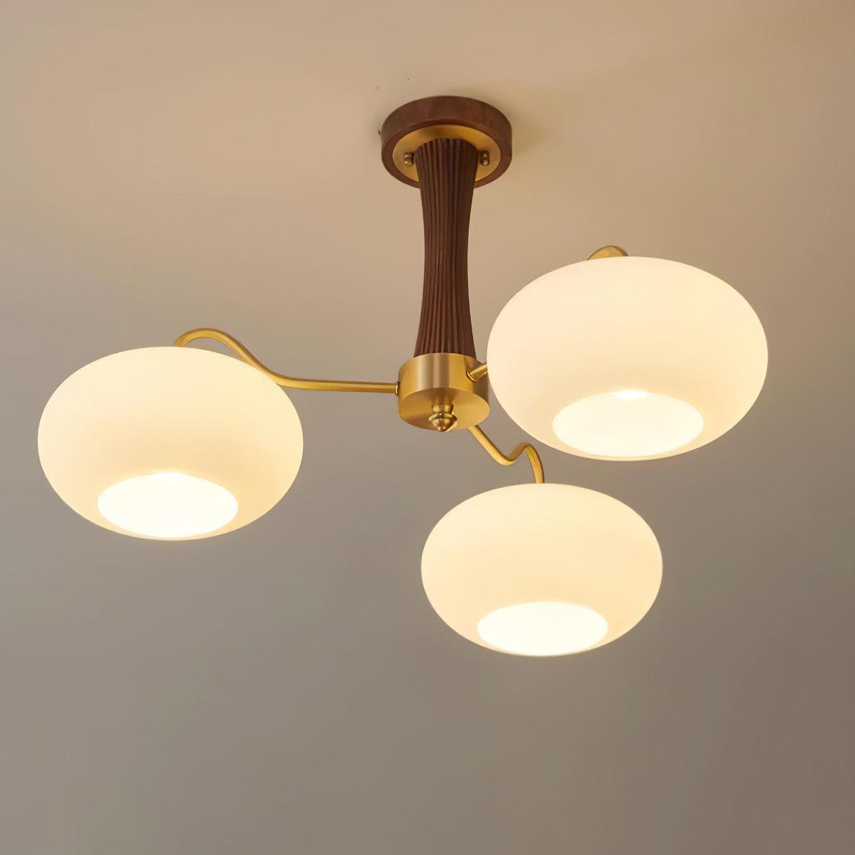 Persimmon Glass Chandelier with Brass Arms | Wood Accent Ceiling Pendant Light