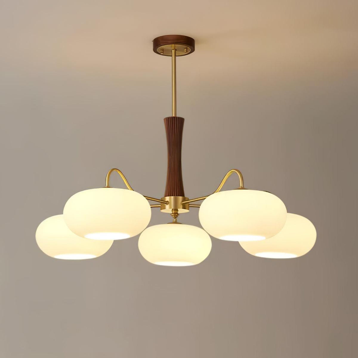 Persimmon Glass Chandelier with Brass Arms | Wood Accent Ceiling Pendant Light