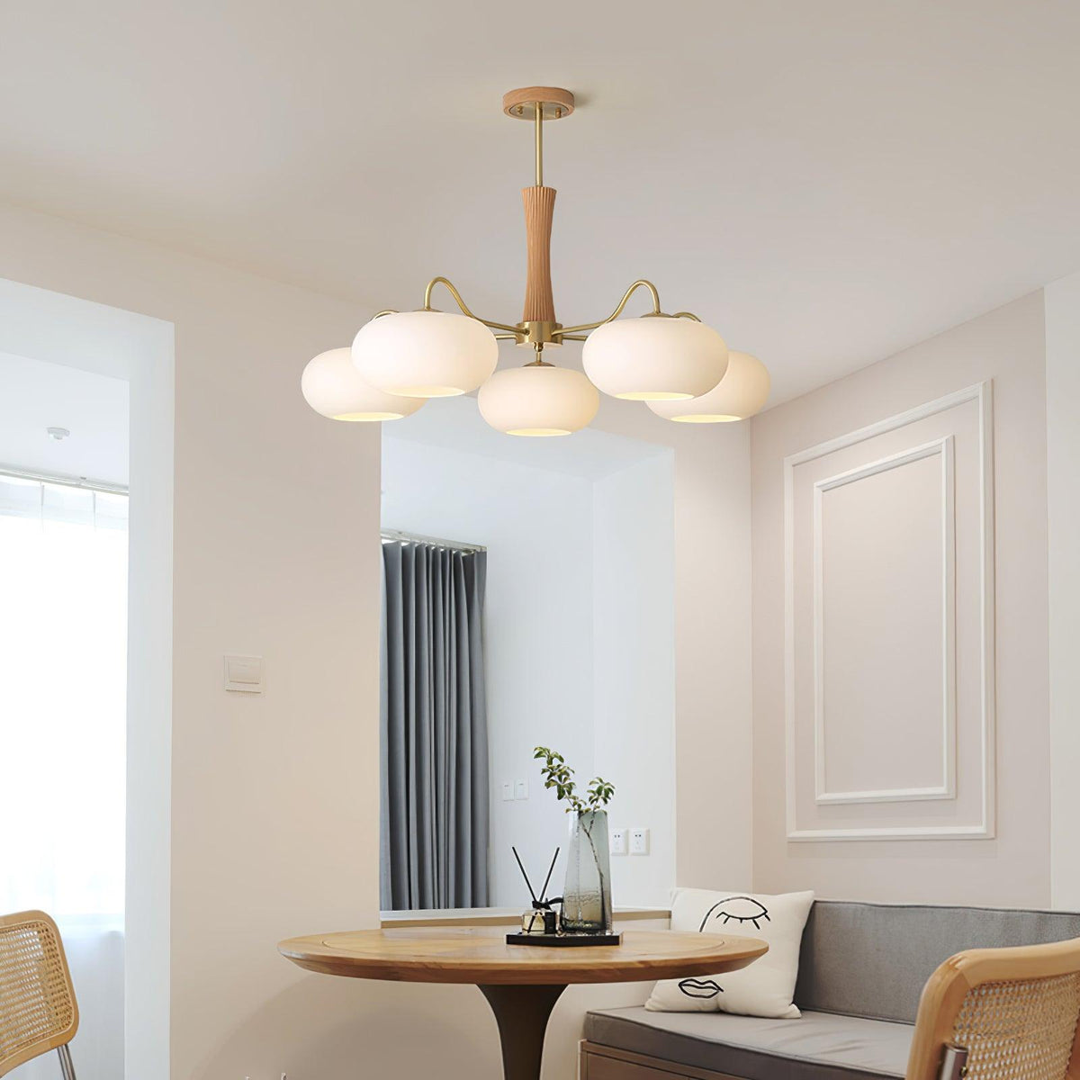 Persimmon Glass Chandelier with Brass Arms | Wood Accent Ceiling Pendant Light