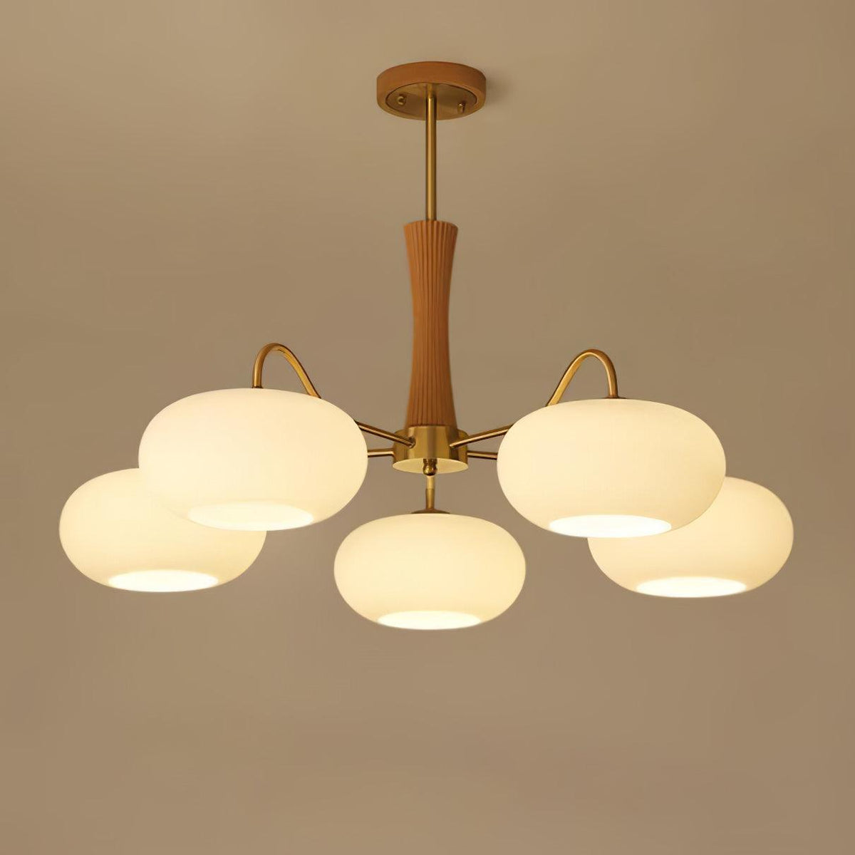 Persimmon Glass Chandelier with Brass Arms | Wood Accent Ceiling Pendant Light