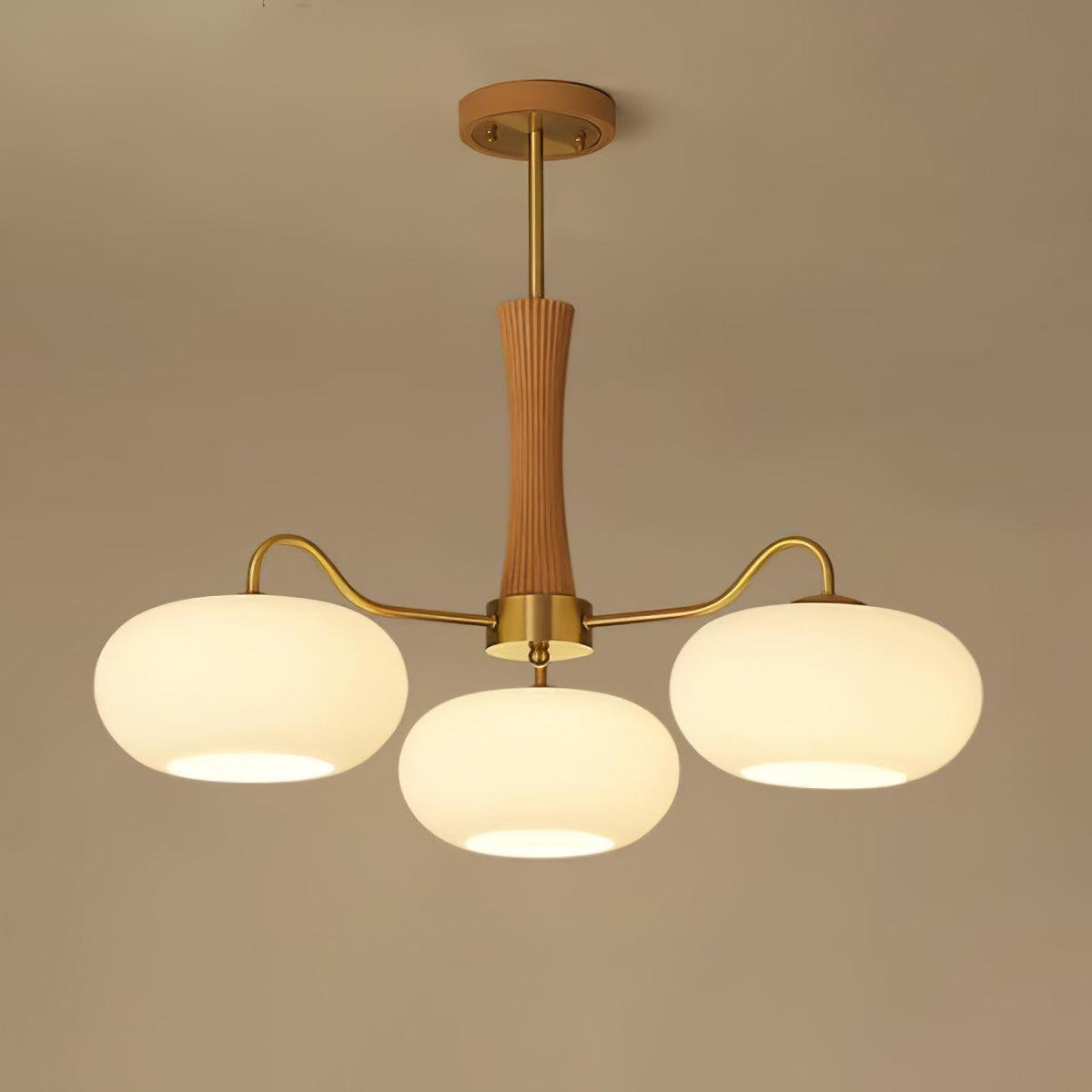 Persimmon Glass Chandelier with Brass Arms | Wood Accent Ceiling Pendant Light