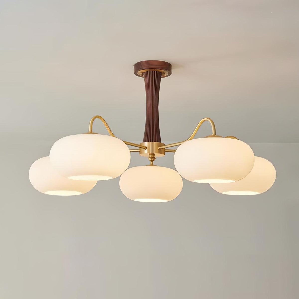 Persimmon Glass Chandelier with Brass Arms | Wood Accent Ceiling Pendant Light