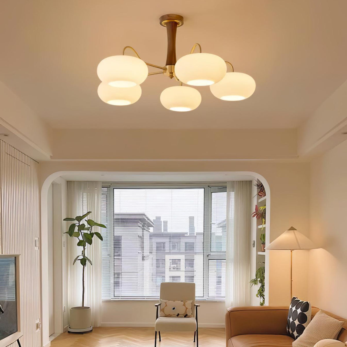 Persimmon Glass Chandelier with Brass Arms | Wood Accent Ceiling Pendant Light