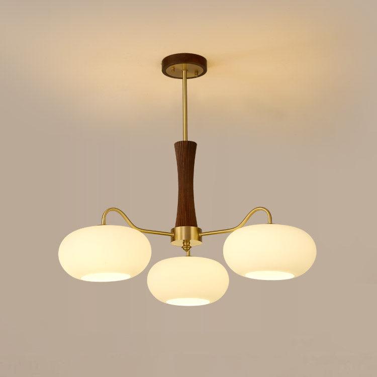 Persimmon Glass Chandelier with Brass Arms | Wood Accent Ceiling Pendant Light