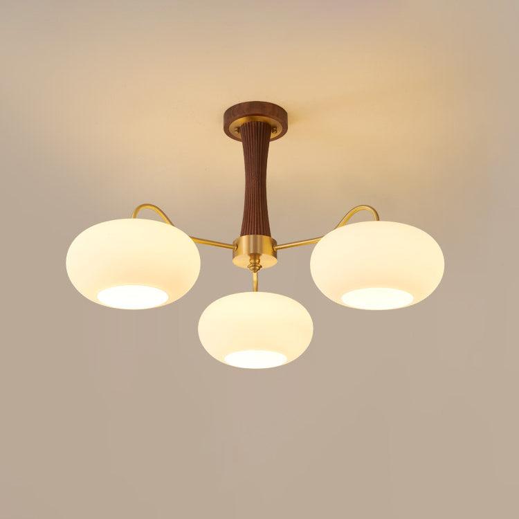 Persimmon Glass Chandelier with Brass Arms | Wood Accent Ceiling Pendant Light