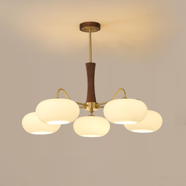 Persimmon Glass Chandelier with Brass Arms | Wood Accent Ceiling Pendant Light