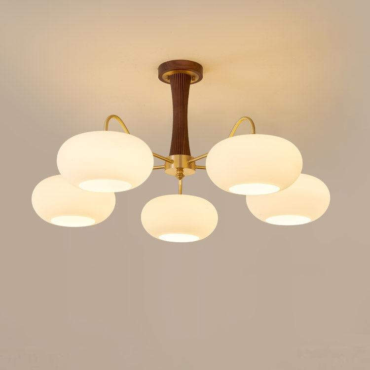 Persimmon Glass Chandelier with Brass Arms | Wood Accent Ceiling Pendant Light