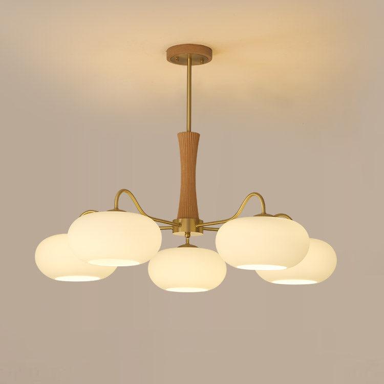 Persimmon Glass Chandelier with Brass Arms | Wood Accent Ceiling Pendant Light