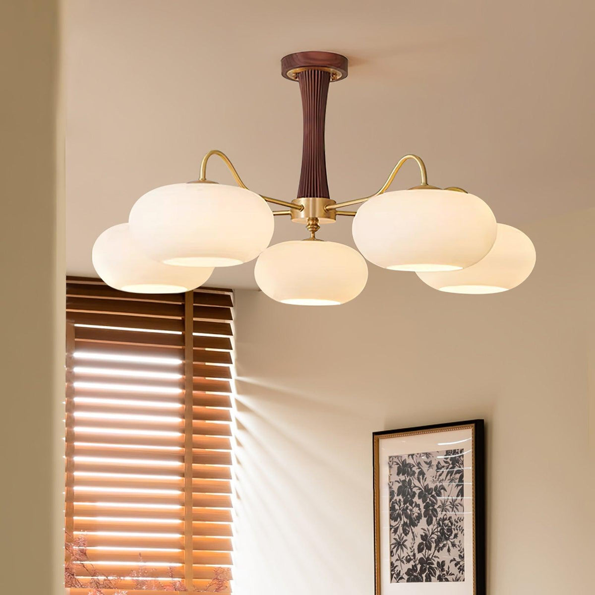 Persimmon Glass Chandelier with Brass Arms | Wood Accent Ceiling Pendant Light