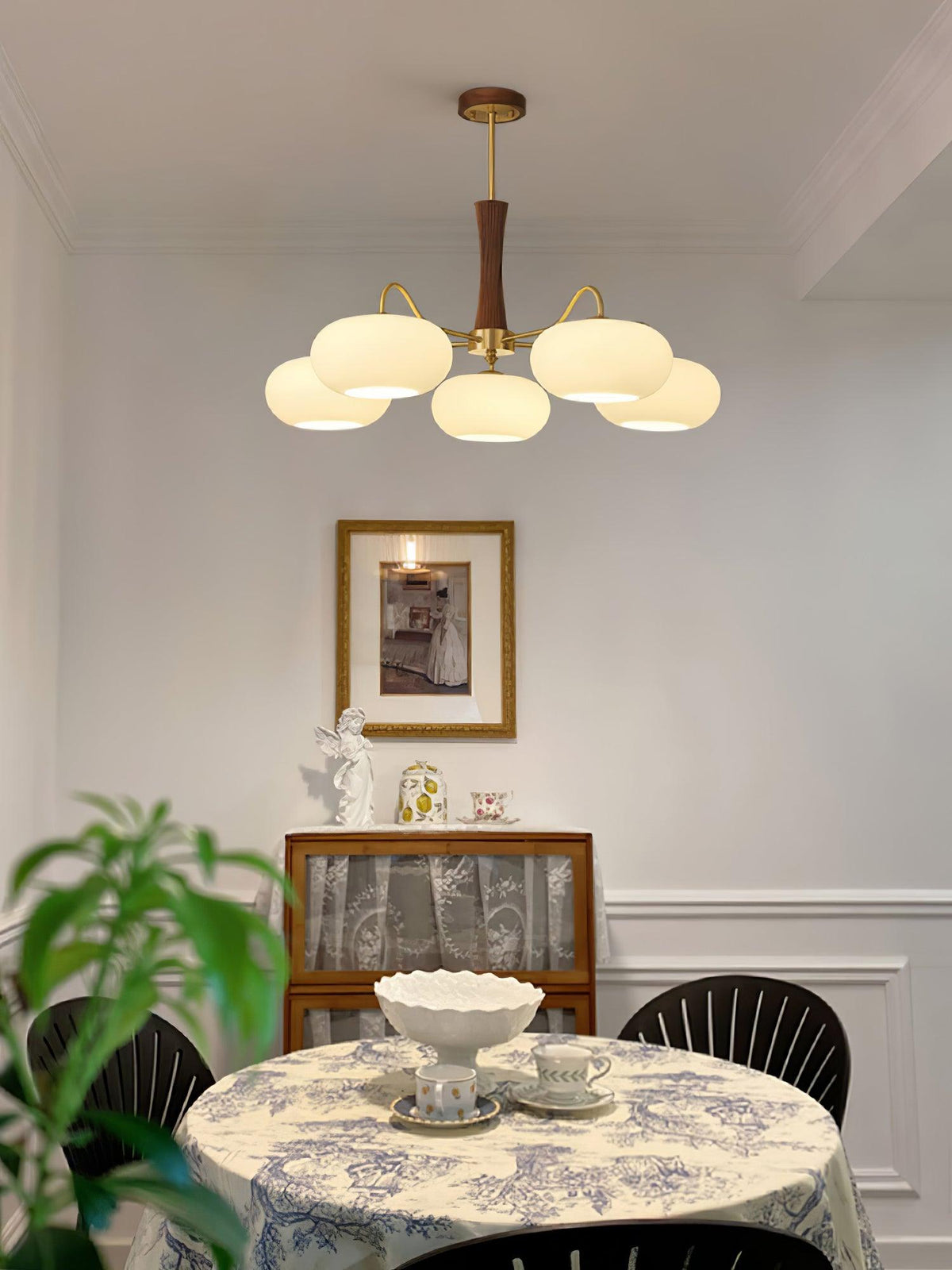 Persimmon Glass Chandelier with Brass Arms | Wood Accent Ceiling Pendant Light